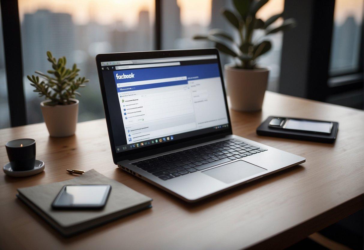 A laptop on a desk with a Facebook ad manager open, showing the process of setting up a new ad campaign. A notepad and pen sit next to the laptop