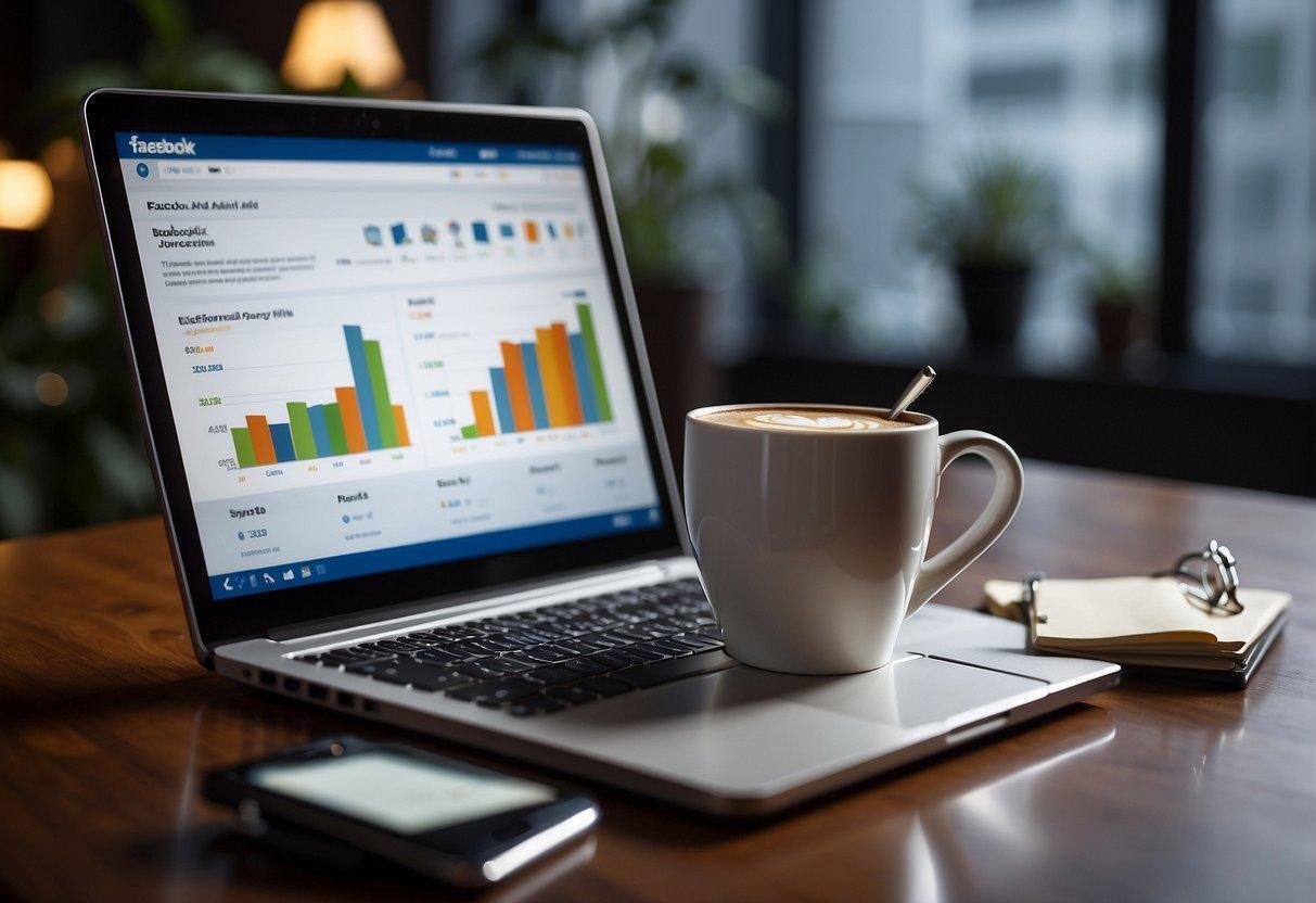 A laptop displaying a Facebook ad dashboard with various metrics and graphs, surrounded by a notepad, pen, and coffee mug on a desk