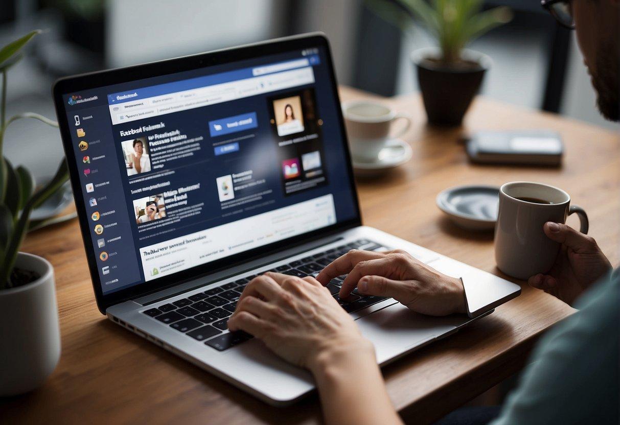 A person using a laptop to create and manage Facebook ads across different platforms. The screen shows the basics of Facebook Ads 101 for beginners