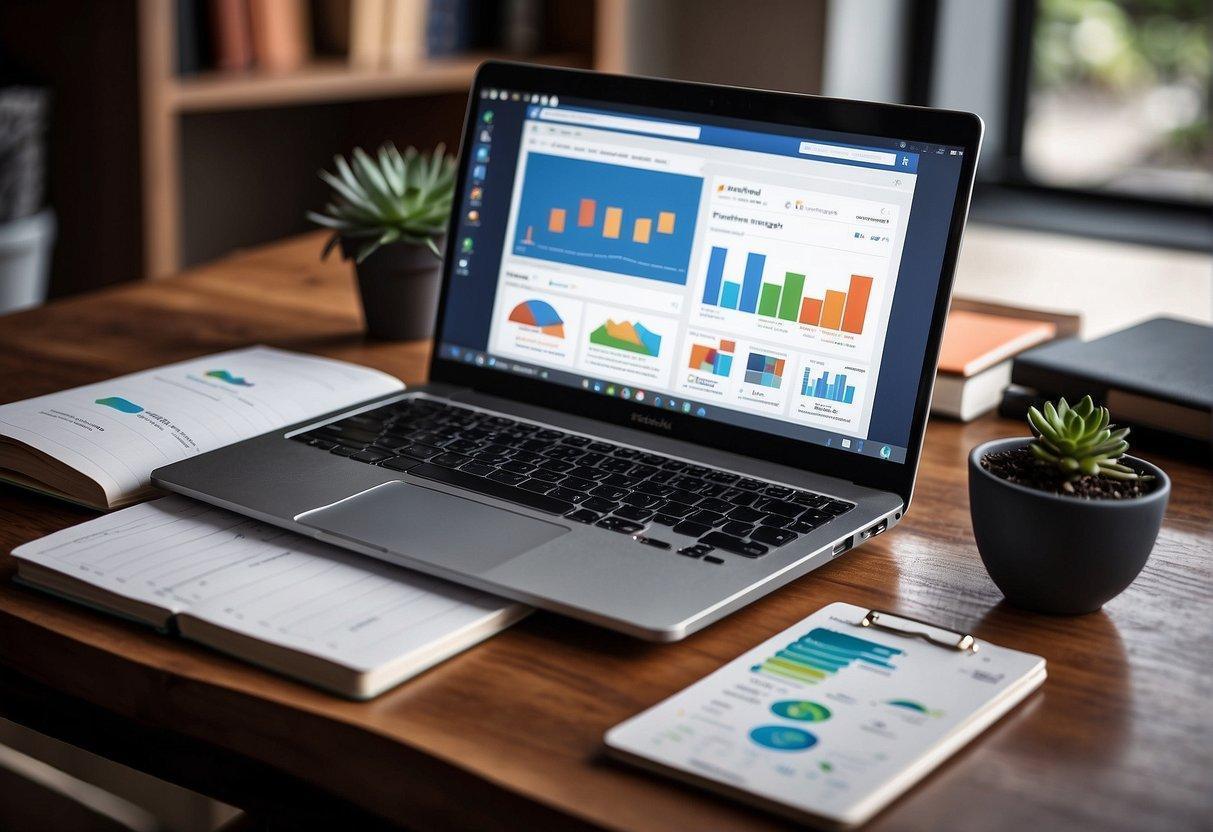 A laptop displaying Facebook Ads Manager with graphs and charts, surrounded by marketing books and a notepad with ad optimization tips